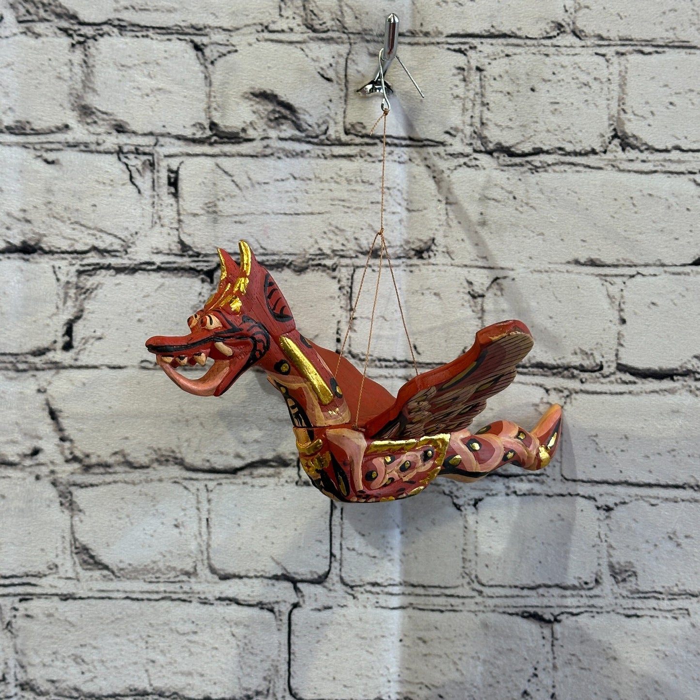 Small Red Dragon Folk Art Wood Flying Winged Mobile Spirit Chaser Guardian