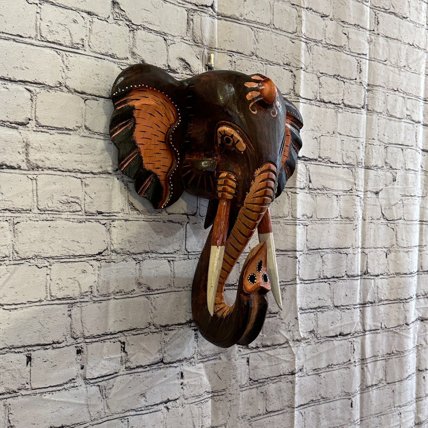 45cm x 35cm Brown Painted Wood Elephant Head Wall Mounted Art Large Shabby