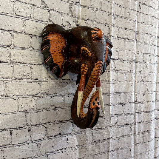 45cm x 35cm Brown Painted Wood Elephant Head Wall Mounted Art Large Shabby