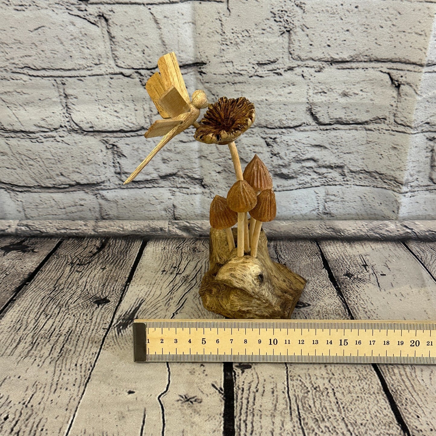 Dragonfly Mushroom Stand Parasite Wood Ornament Natural Carving Wooden Standing