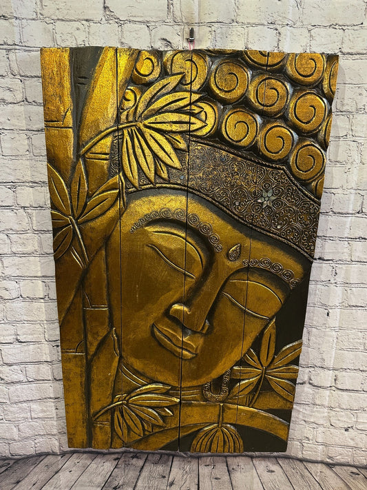 100cm x 60cm Buddha Gold Panel Wooden Wood Panel Wall Art Plaque Handcarved