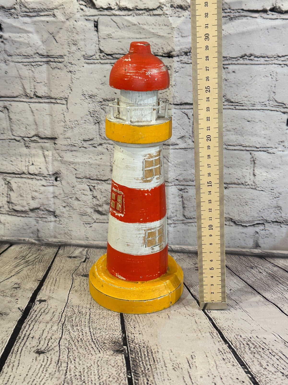 30cm Red White Wooden Lighthouse Ornament Nautical Coastal Sculpture Statue