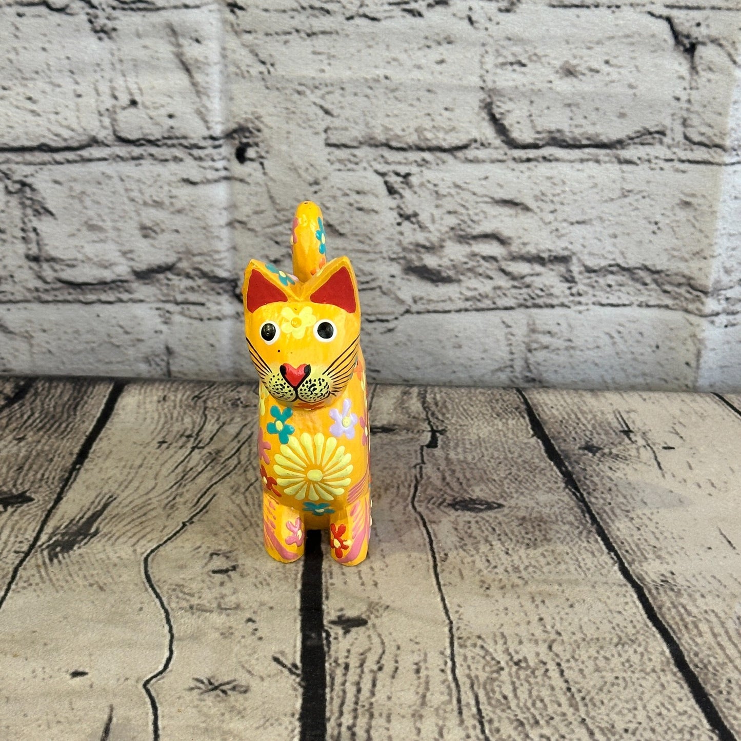 Orange Small Wooden Cat With Flower Pattern 12cm x 6cm Handmade and Fairtrade