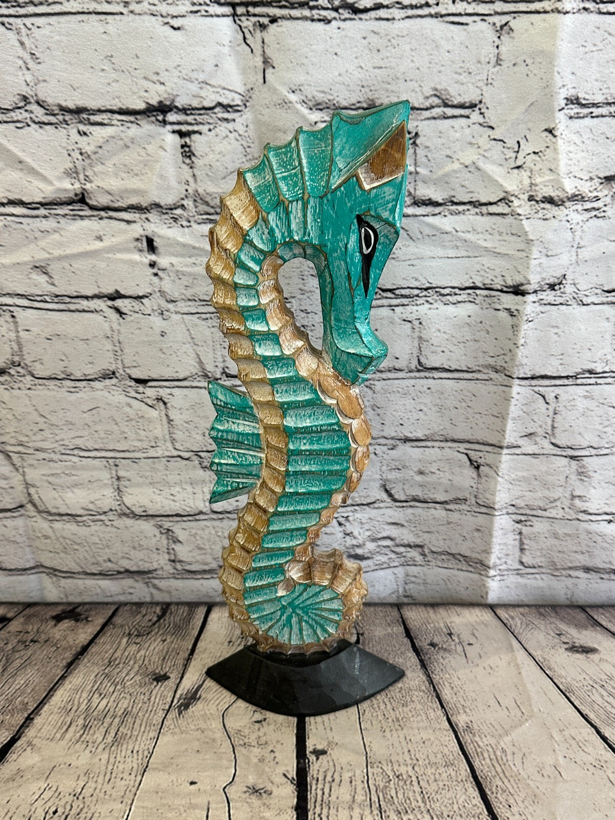 40cm Green Brown Wooden Shabby Seahorse Statue Ornament Fair Trade Handcarved