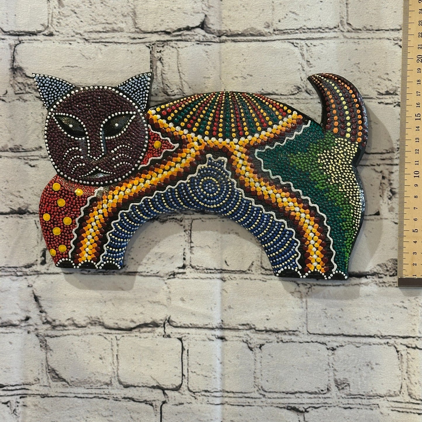30cm Purple Cat Carved Wooden Dot Painted Ethnic Tribal Tiki Wall Art Handmade