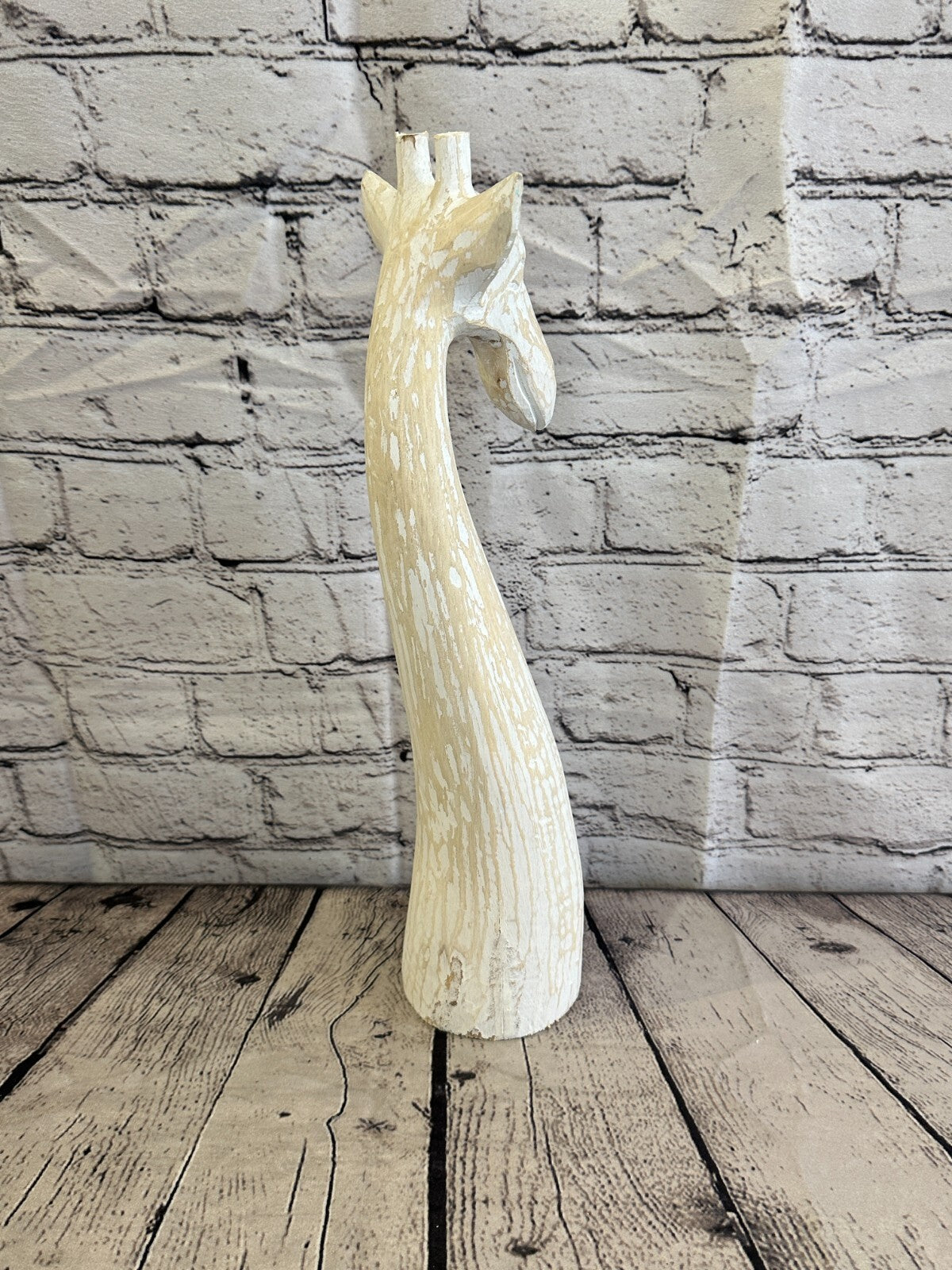 White Wooden Giraffe Head With Shabby Pattern 40cm x 10cm Handmade and Fairtrade