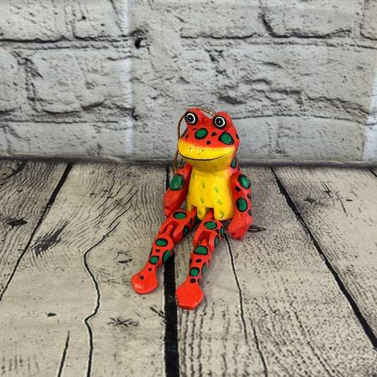 10cm Red Frog Sitting Animal, Wooden Shelf Ornament Handmade and Fairtrade