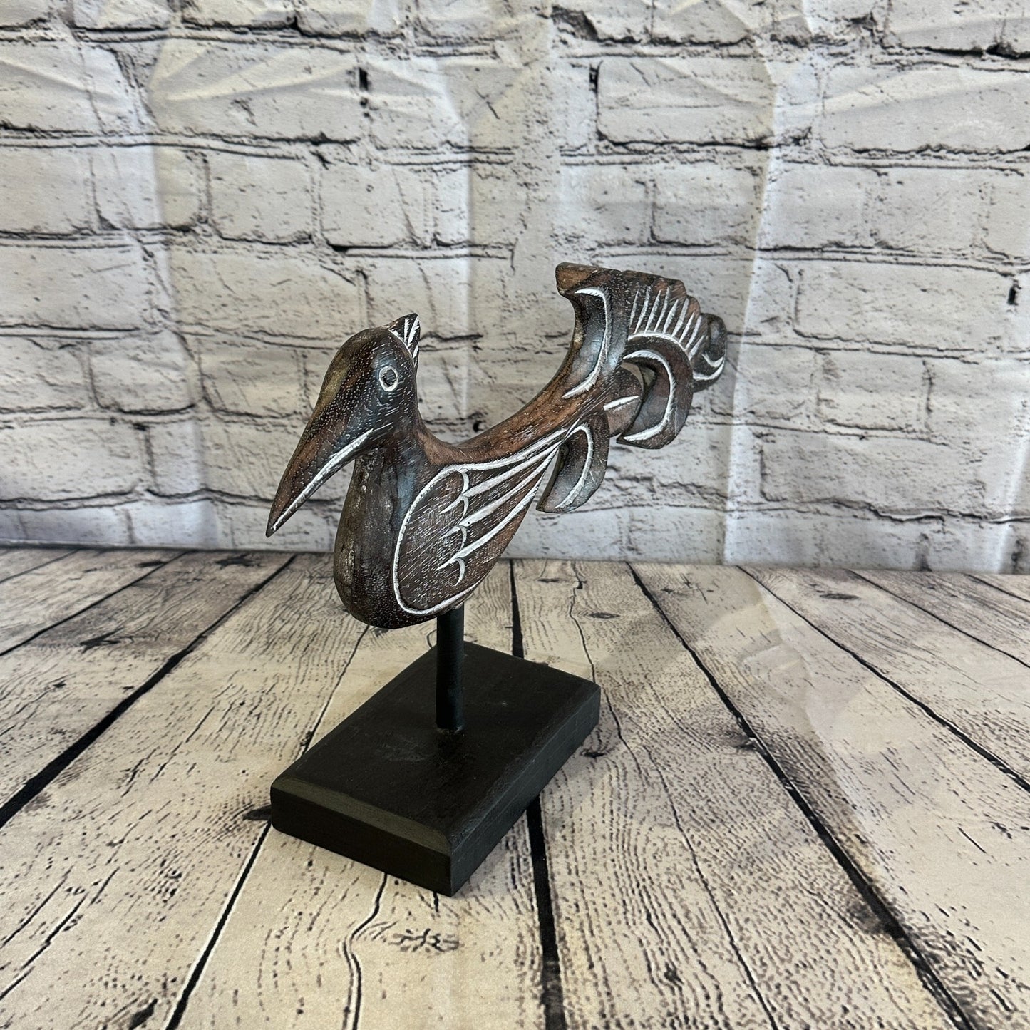 45cm x 25cm Wooden Tribal Primitive Black Phoenix Bird Stand Sculpture Statue