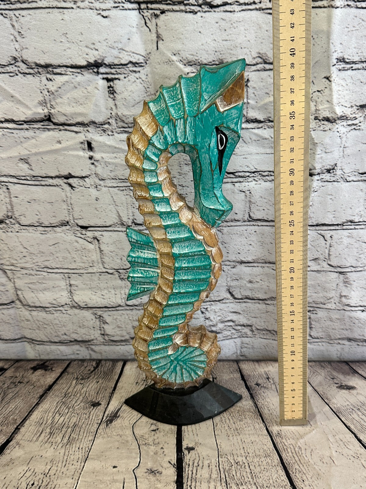 40cm Green Brown Wooden Shabby Seahorse Statue Ornament Fair Trade Handcarved