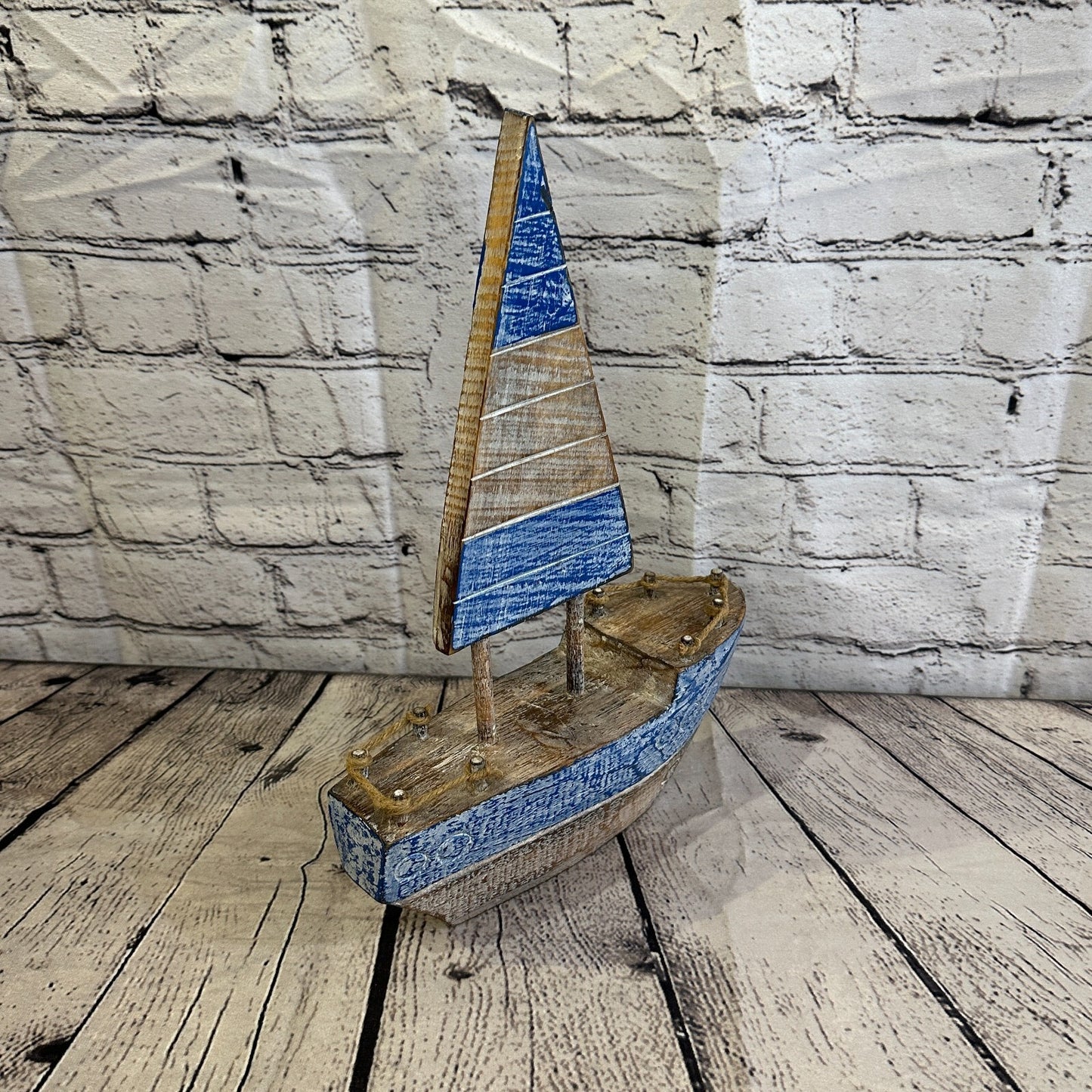 35cm Rustic Wooden Brown & Blue Sailing Boat Nautical Ornament Sculpture Decor