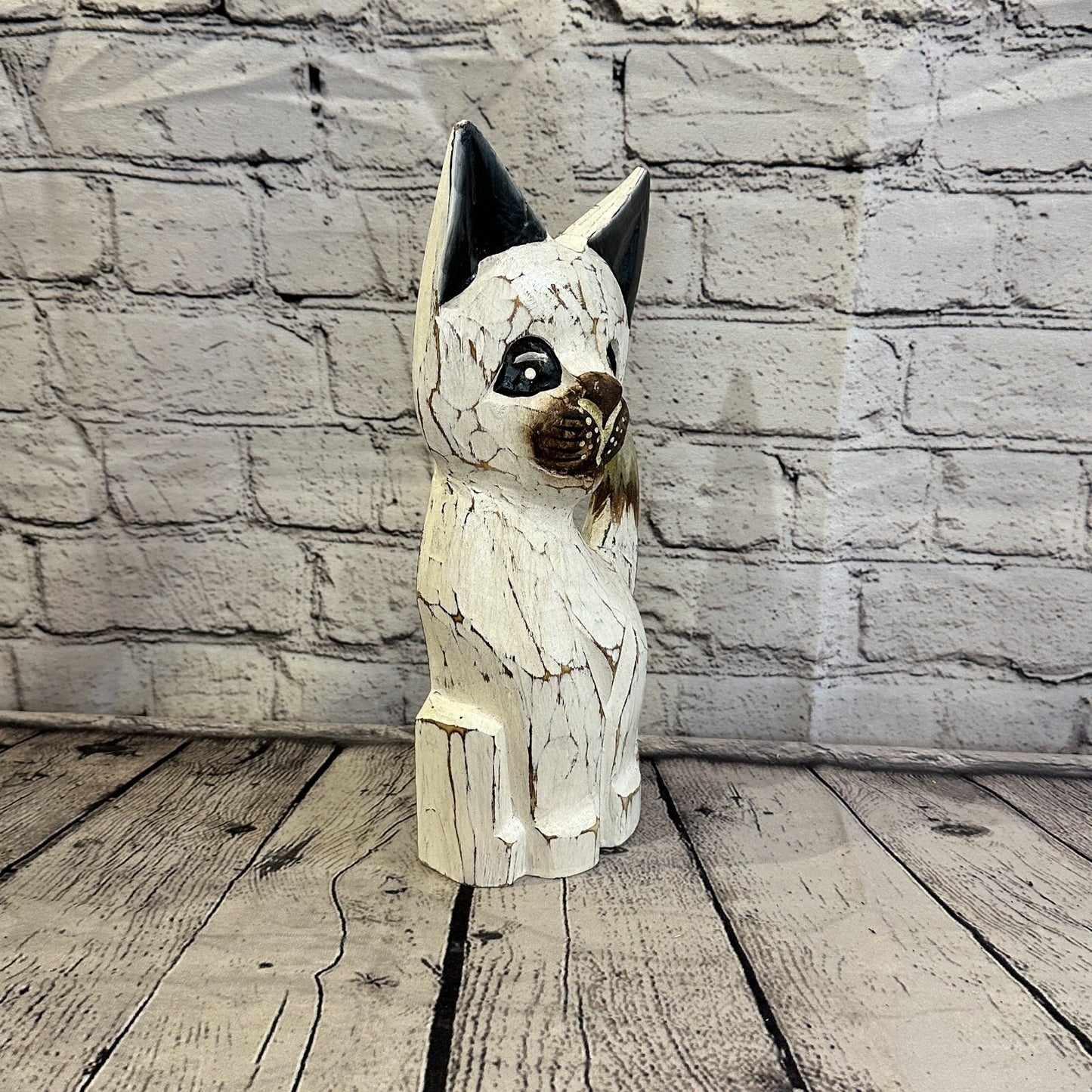 30cm x 12cm White Flower Wooden Shabby Cat Statue Ornament Fair Trade Handcarved