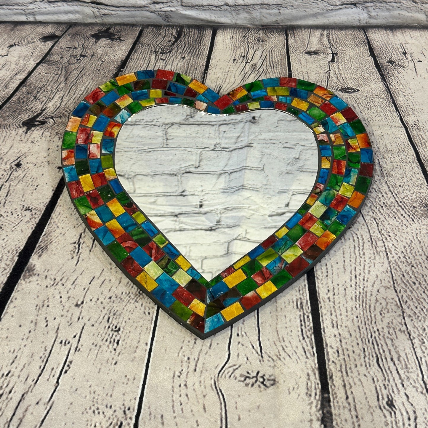 Rainbow Heart Shape Mosaic Tile Wall Mirror 28cm x 25cm 10 Inches Handmade New