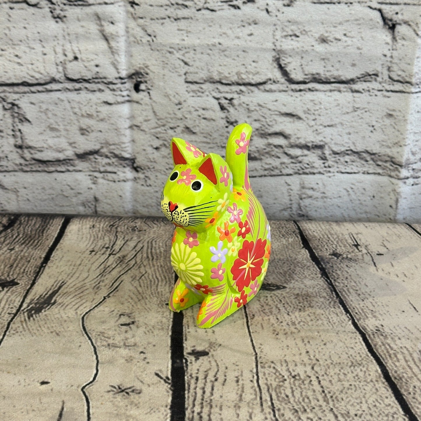 Green Small Wooden Cat With Flower Pattern 12cm x 6cm Handmade and Fairtrade
