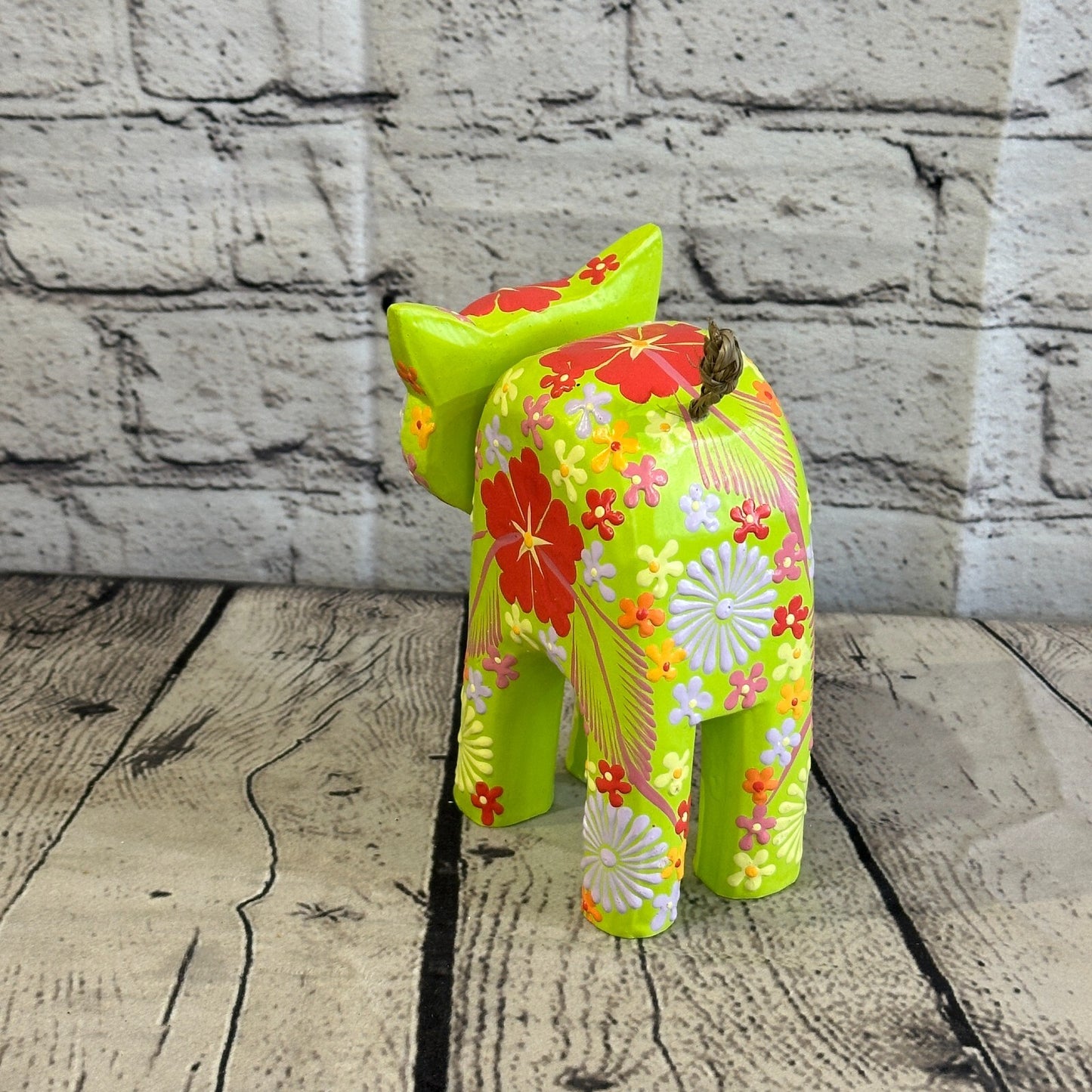 Green Large Wooden Cat With Flower Pattern 15cm x 10cm Handmade and Fairtrade