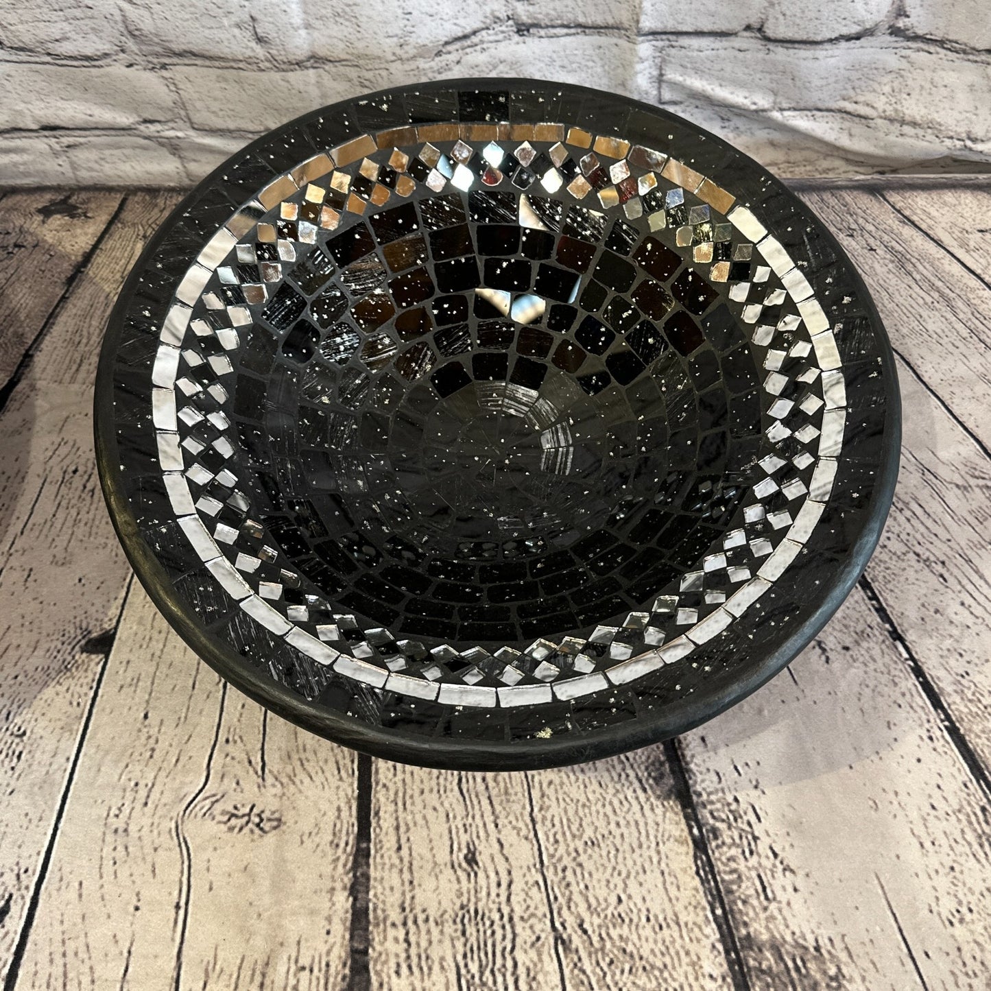 35cm Black Round Mosaic Handmade Ceramic Glass Tile Bowl Fruit