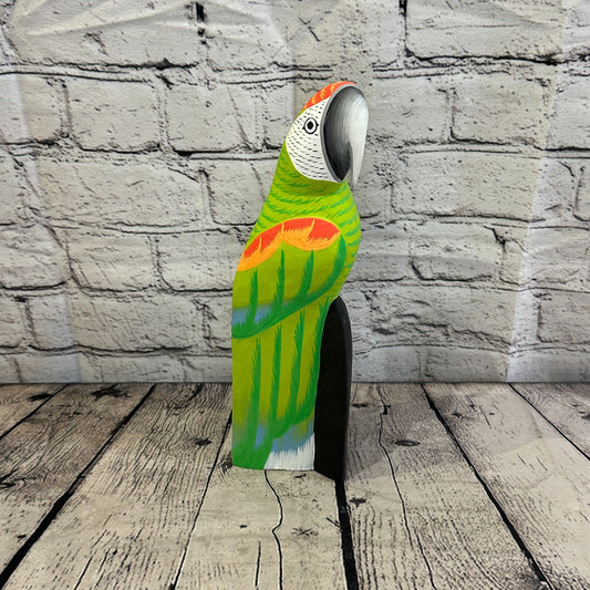 30cm Green Parrot Bird Ornament Statue Fair Trade Hand Made Carved Wood