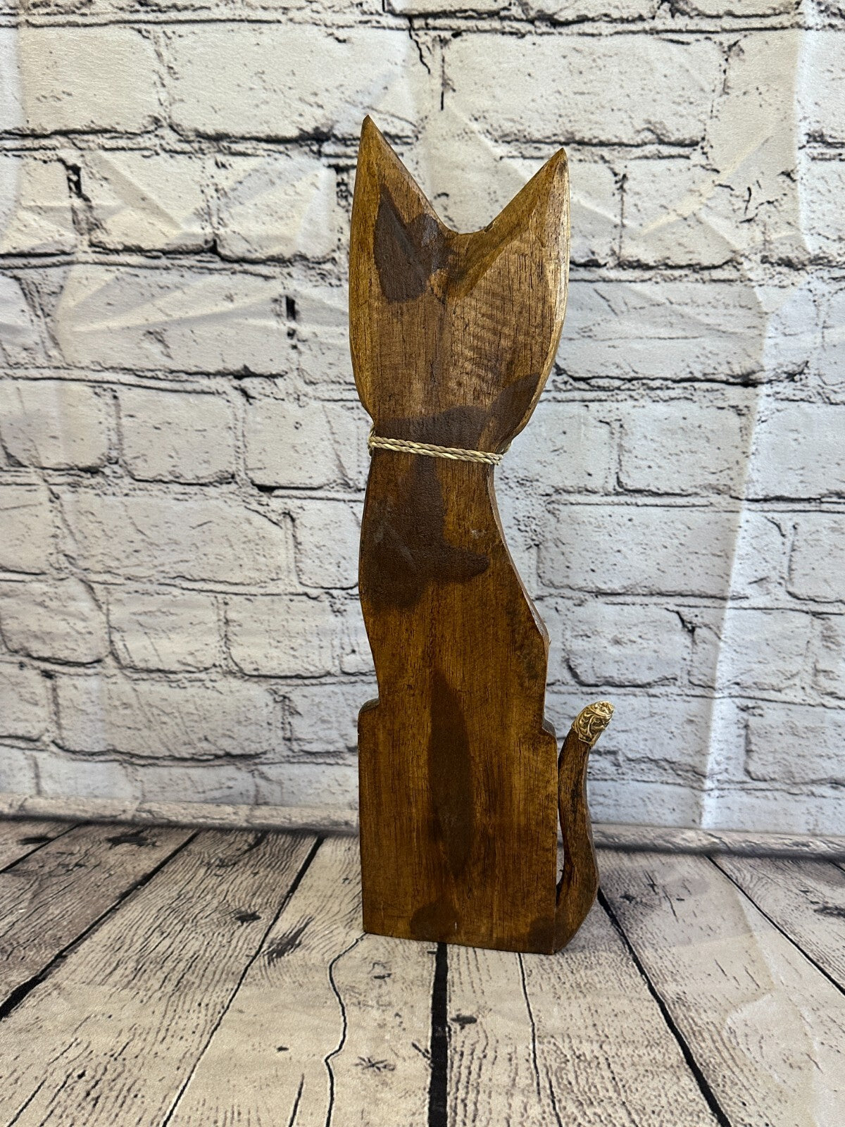 40cm Brown Swirl Flower Wooden Shabby Cat Statue Ornament Fair Trade Handcarved