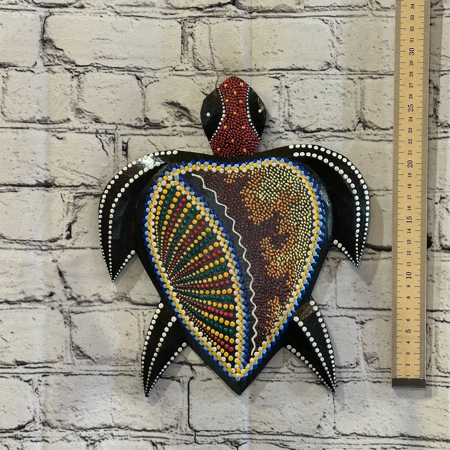 30cm Turtle Carved Wooden Dot Painted Ethnic Tribal Tiki Wall Art Handmade No 1