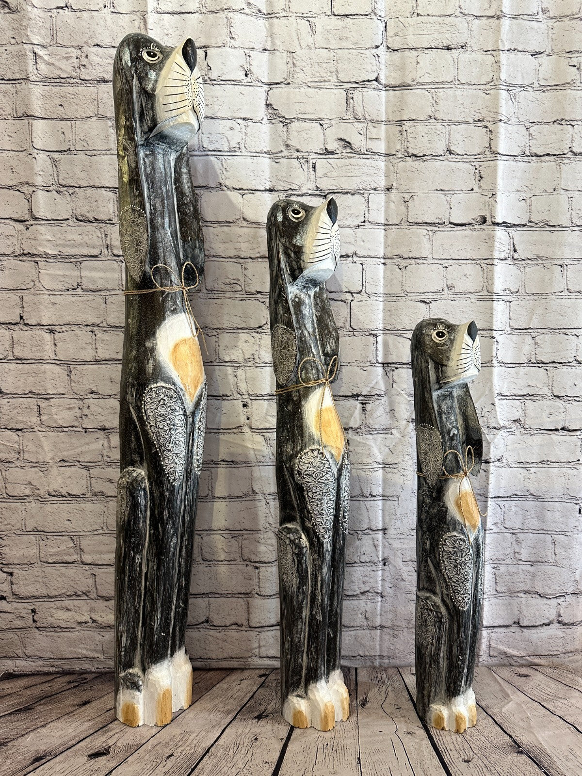 80cm Grey Flower Wooden Shabby Dog Statue Ornament Fair Trade Handcarved