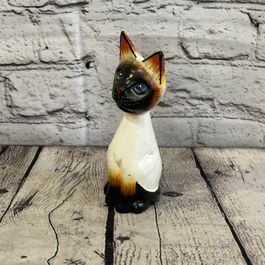 15cm x 6cm Grey Sitting Bobble Style Painted Wooden Hand Carved Cat Wooden