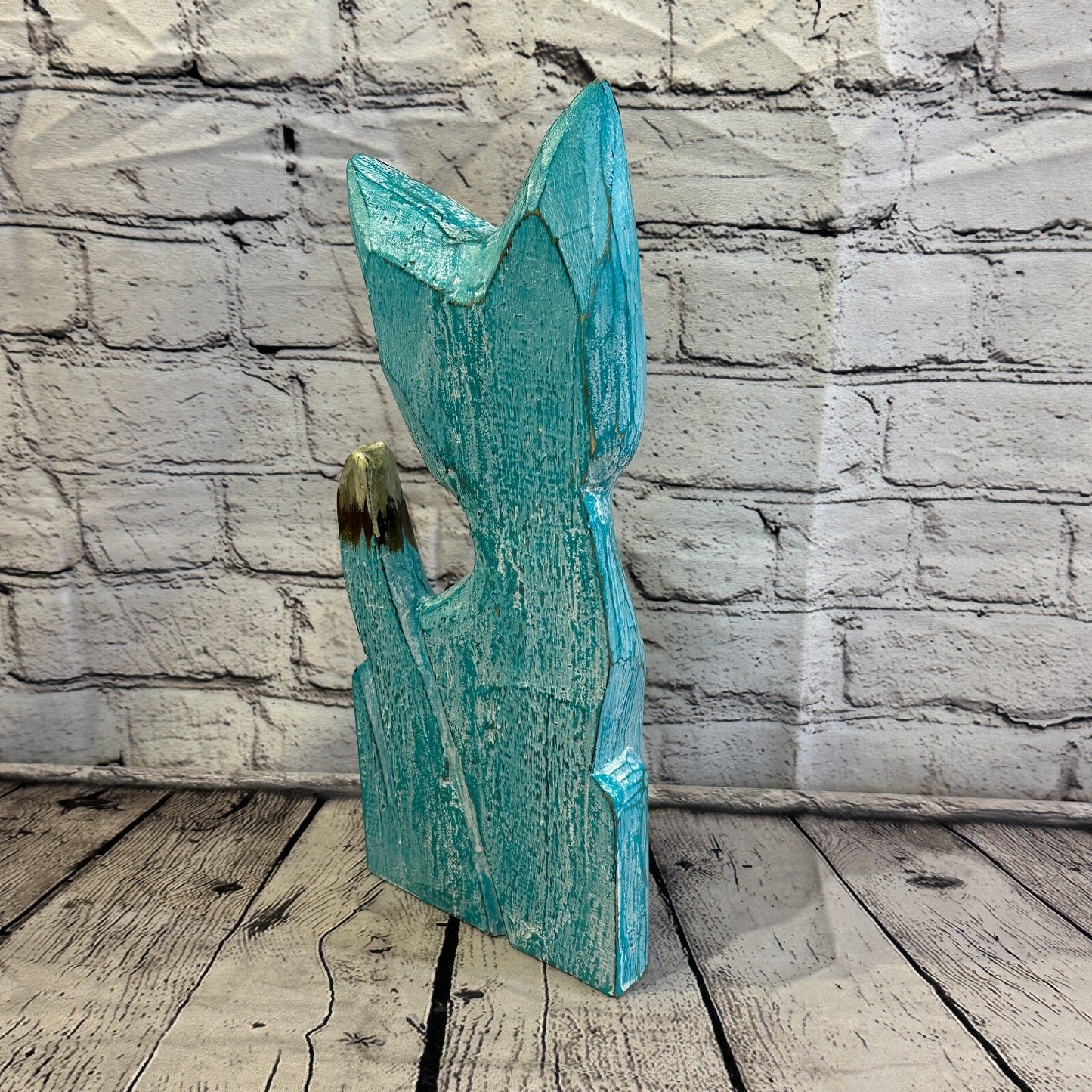 35cm x 15cm Green Flower Wooden Shabby Cat Statue Ornament Fair Trade Handcarved
