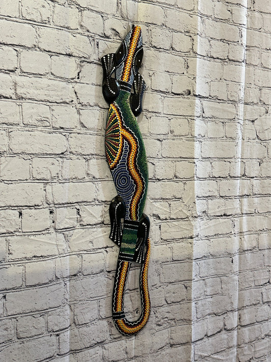 80cm Gecko Carved Wooden Dot Painted Ethnic Tribal Tiki Wall Handmade No 5
