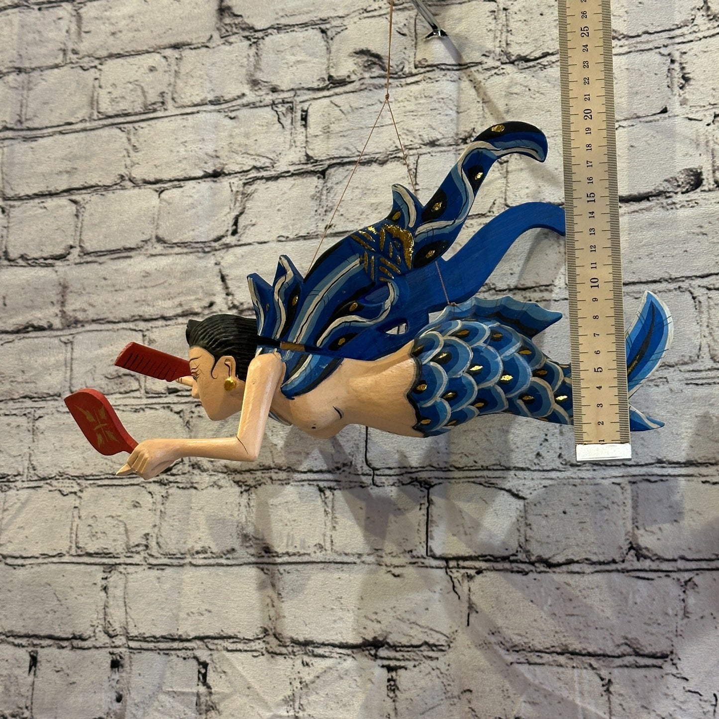 Blue Shiva Goddess Folk Art Wood Flying Winged Mobile Spirit Chaser Guardian