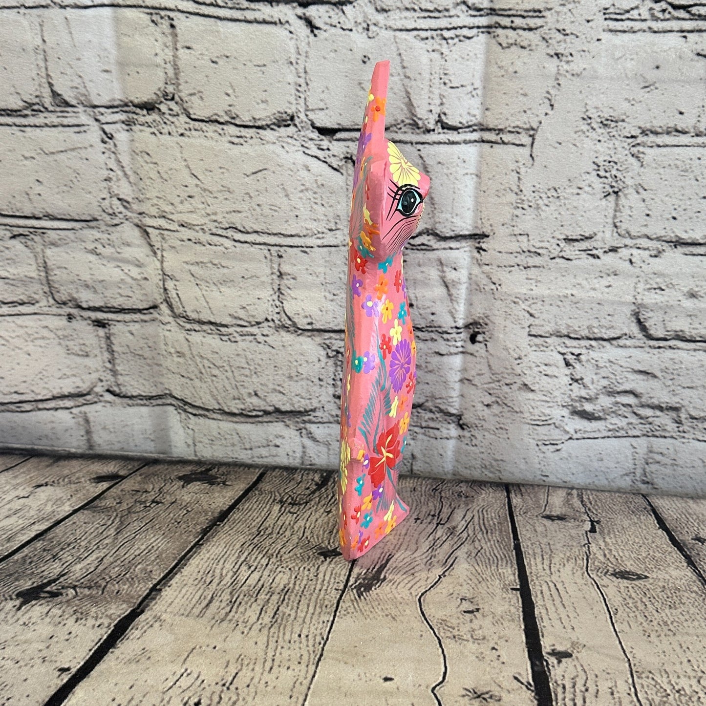 Pink Flat Back Wooden Cat With Flower Pattern 25cm x 8cm Handmade and Fairtrade