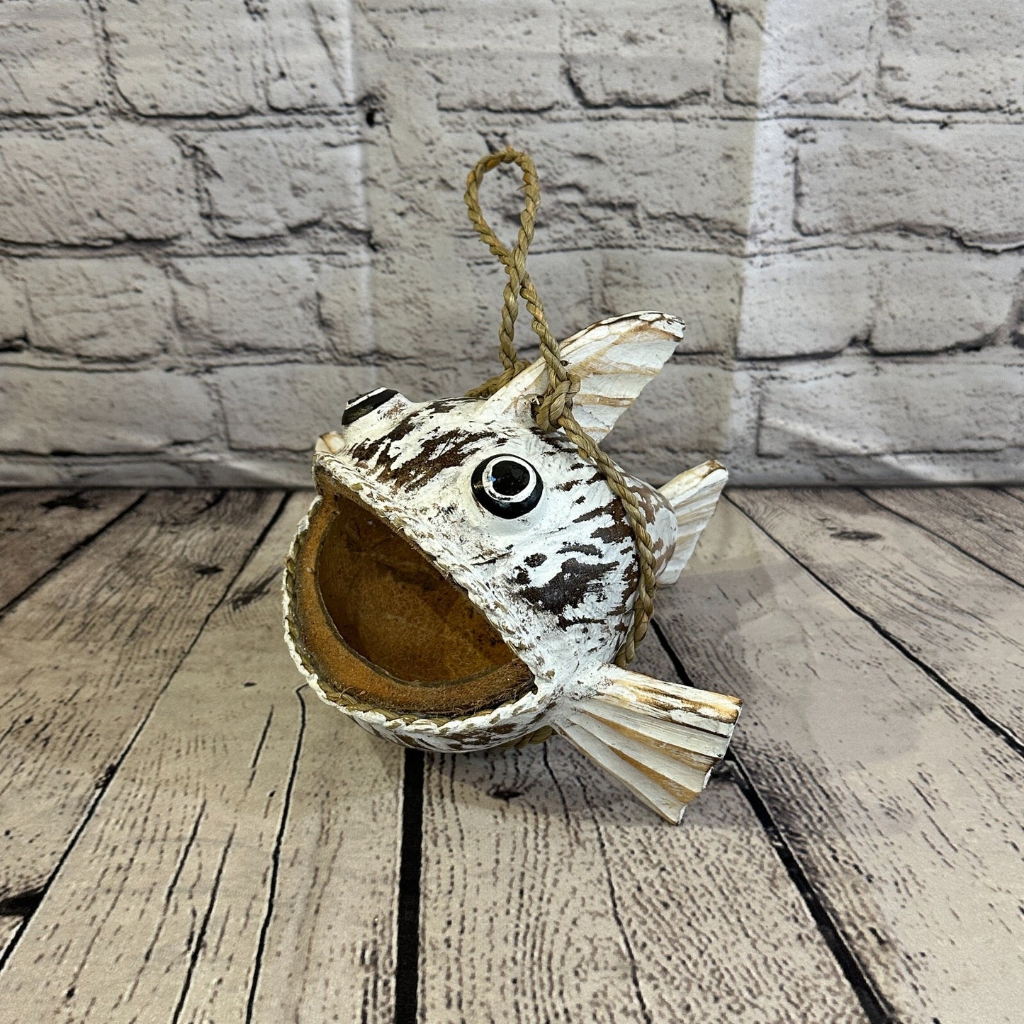 Plain White Folk Art Hand Painted Shark Fish Coconut Shell Ornaments Hanging