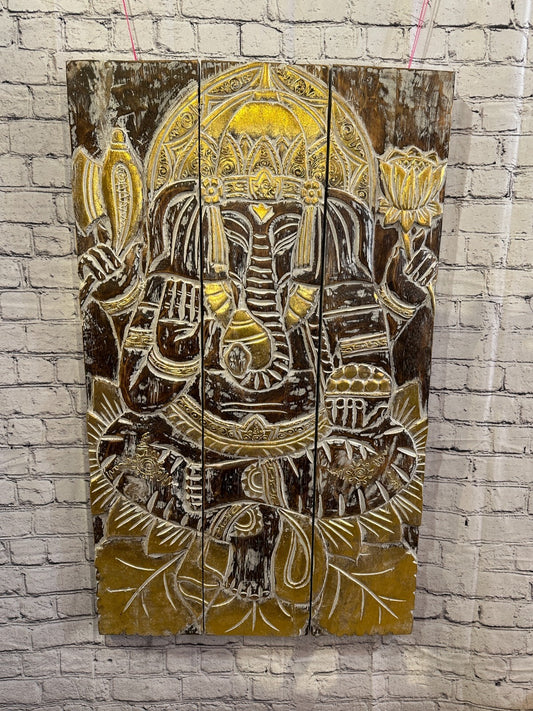 100cm x 60cm Ganesha Brown Gold Wooden Wood Panel Wall Art Plaque Handcarved