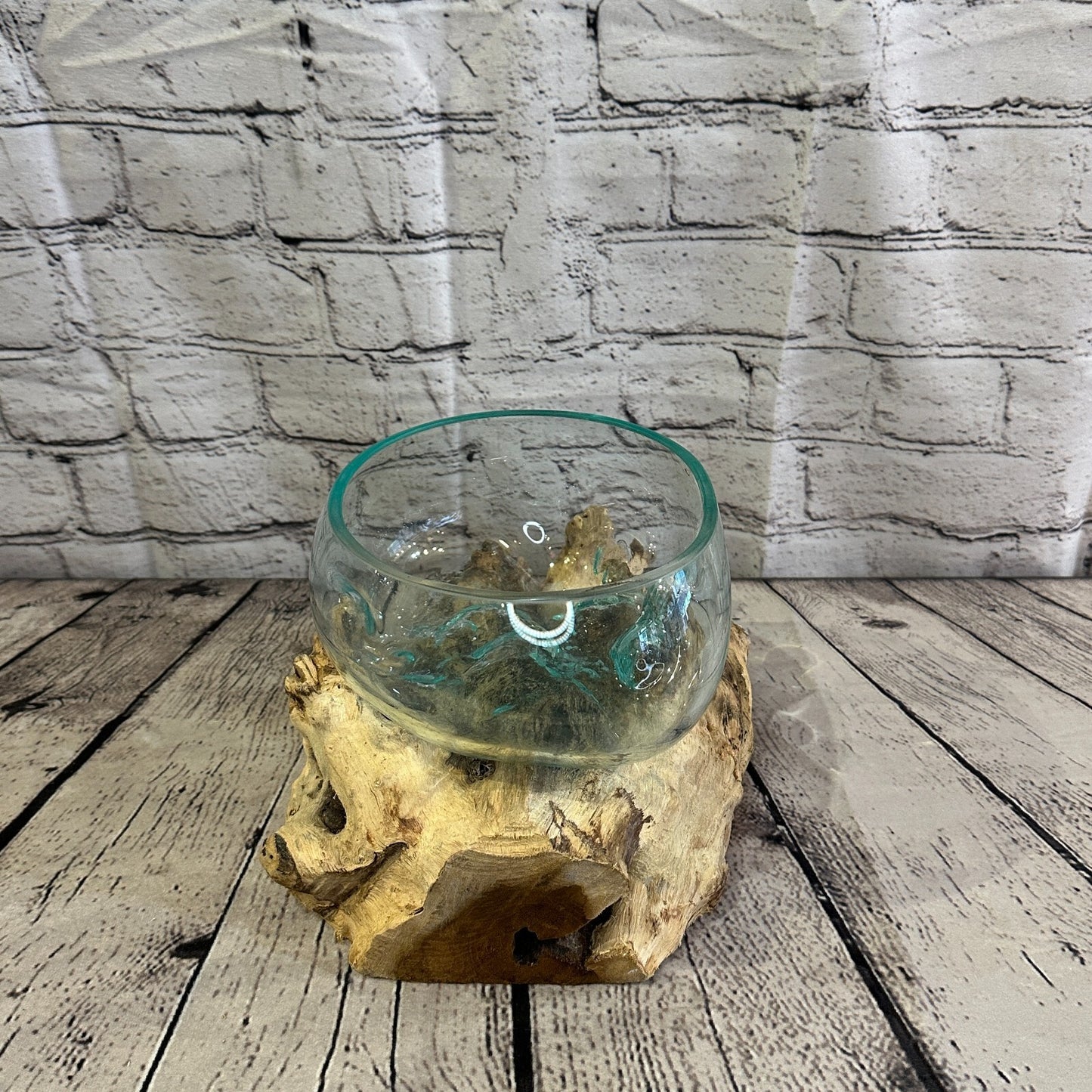 18cm x 25cm Molten Glass Round Bowl Natural Root Wood Base Stand Decor Ornament