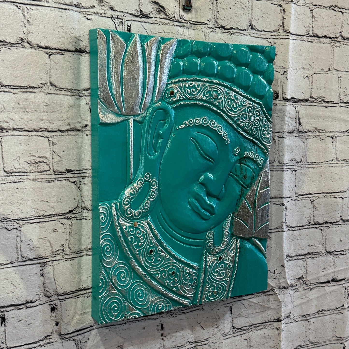 Wooden Wood Panel 40cm Brown Teal Buddha Tall Lotus Wall Art Plaque Handcarved