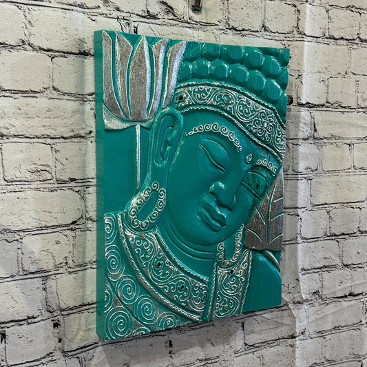Wooden Wood Panel 40cm Brown Teal Buddha Tall Lotus Wall Art Plaque Handcarved