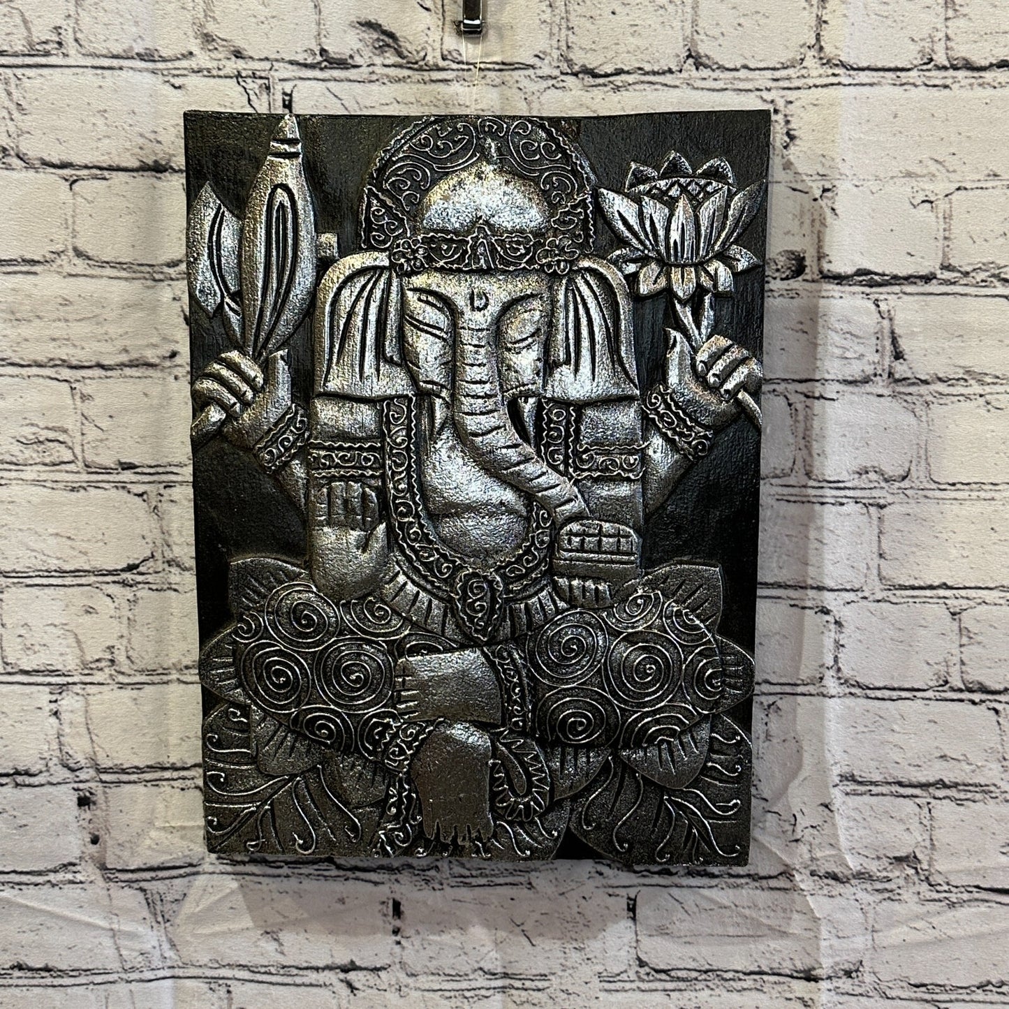Wooden Wood Panel 40cm Brown Silver Ganesh Lotus Wall Art Plaque Handcarved