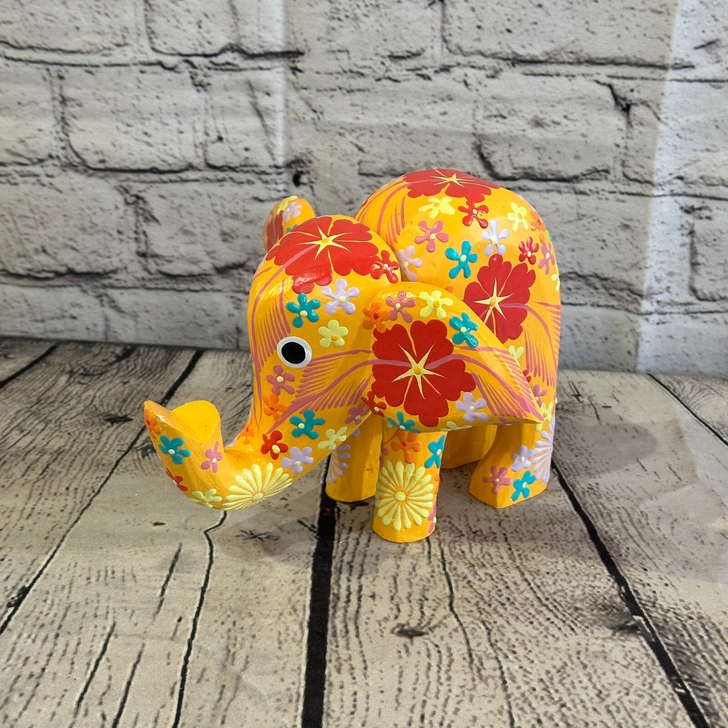 Orange Wooden Elephant With Flower Pattern 15cm x 18cm Handmade and Fairtrade