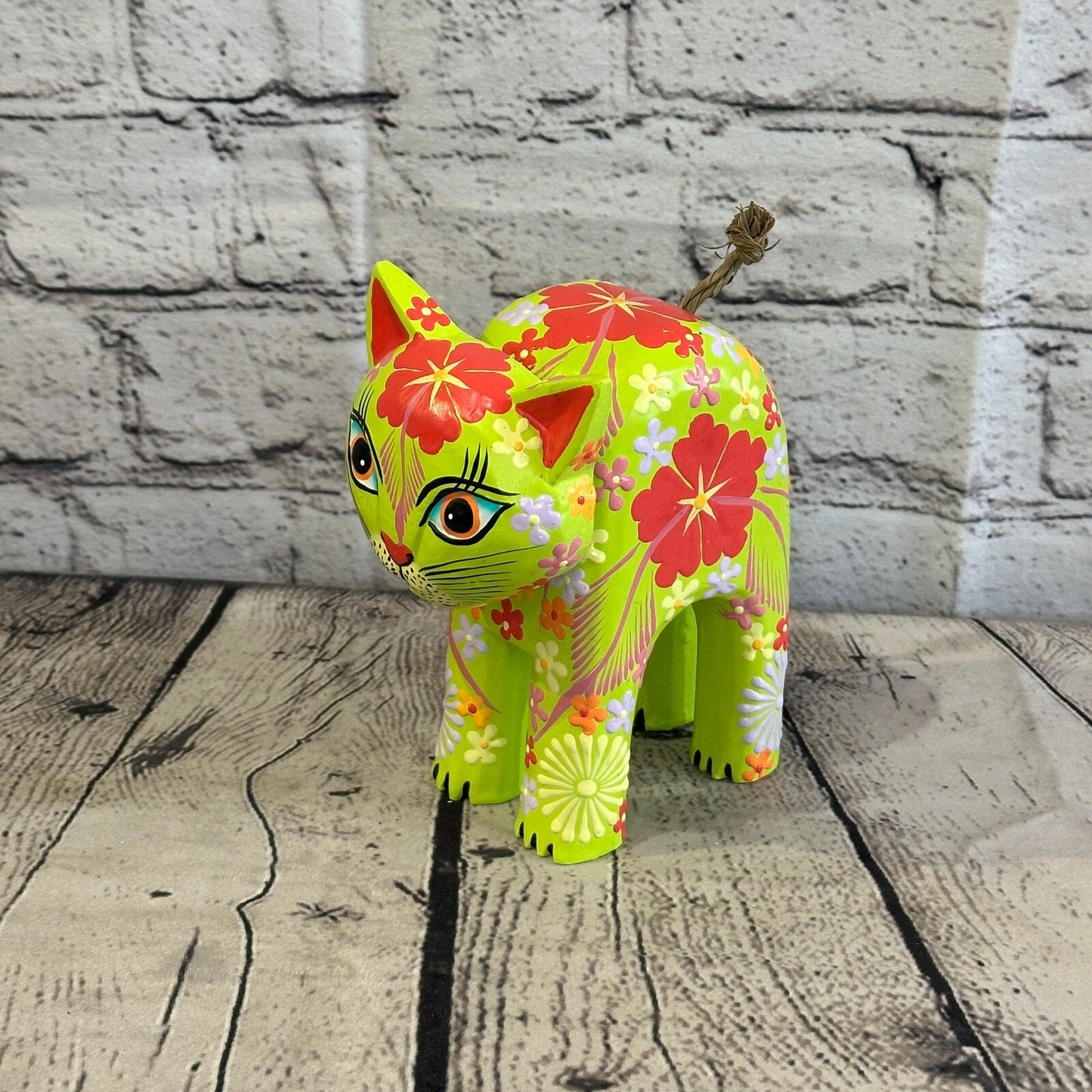 Green Large Wooden Cat With Flower Pattern 15cm x 10cm Handmade and Fairtrade