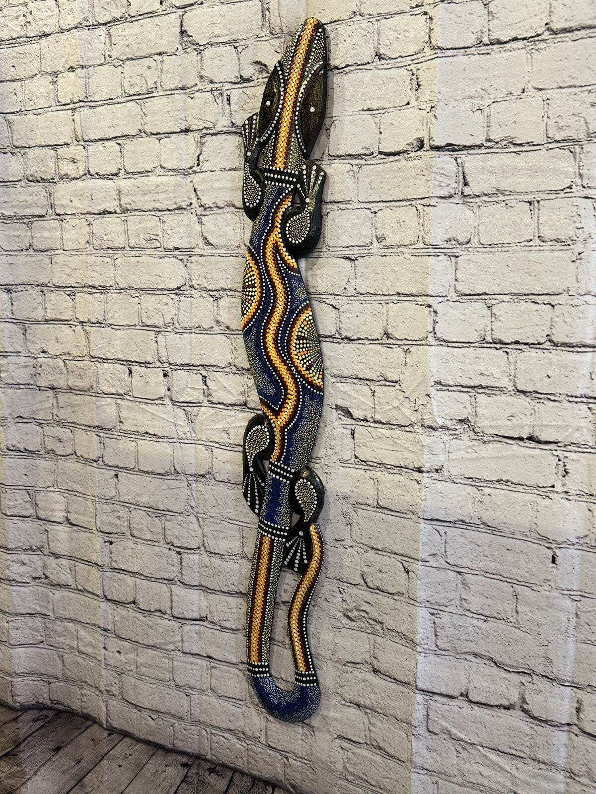 100cm Gecko Carved Wooden Dot Painted Ethnic Tribal Tiki Wall Handmade No 4