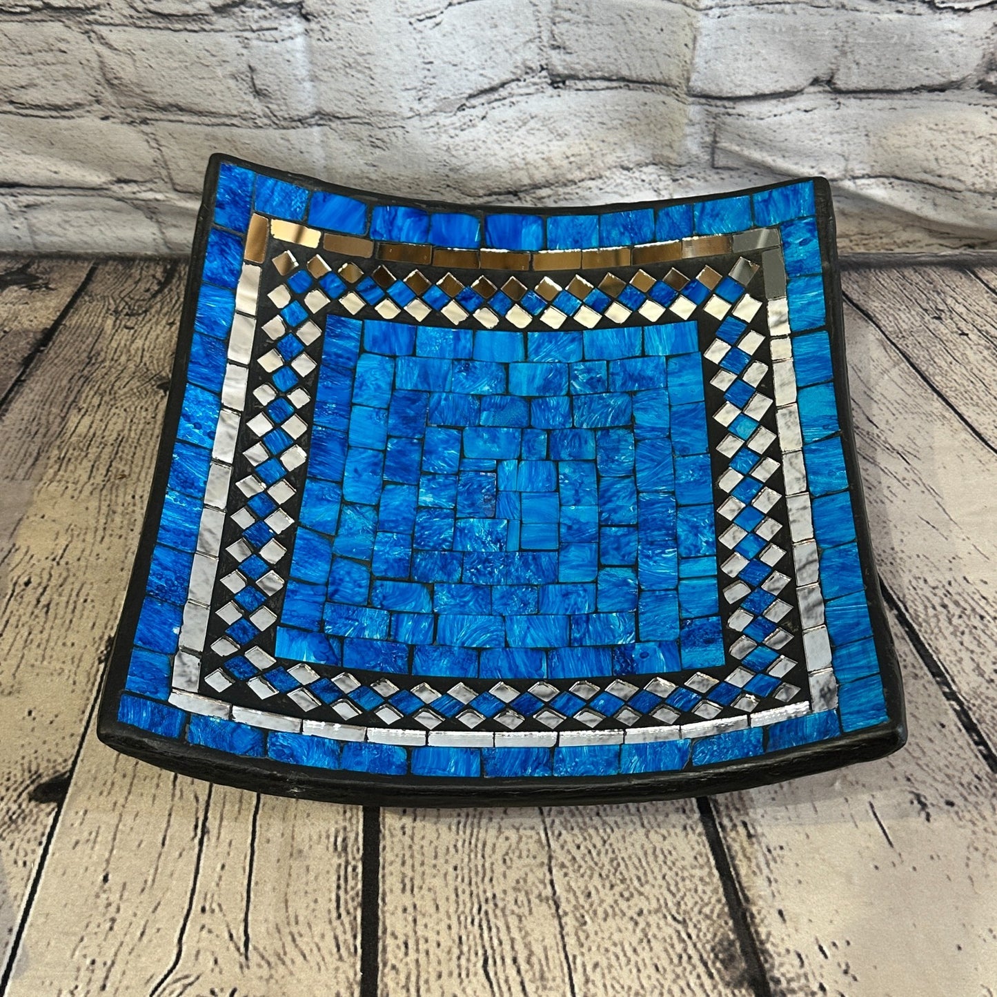 30cm Blue Square Mosaic Handmade Ceramic Glass Tile Bowl Fruit