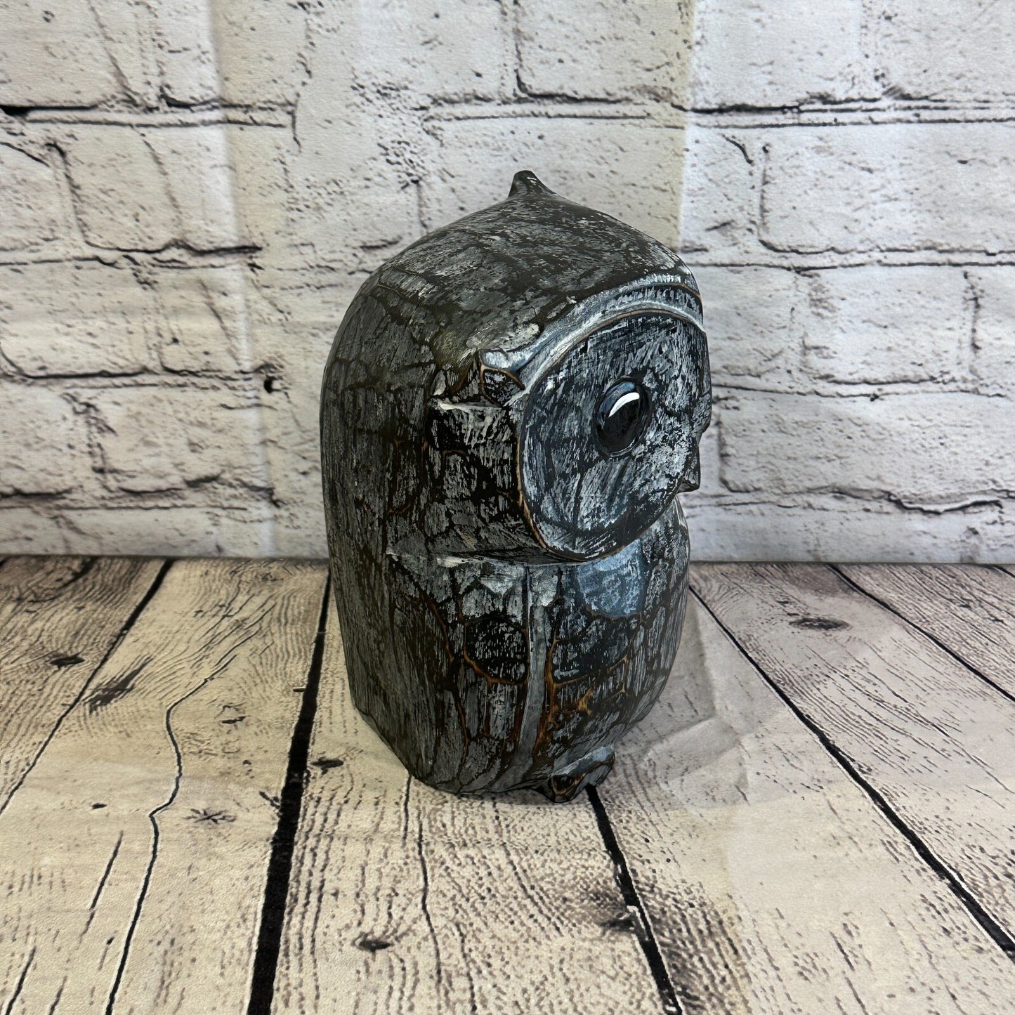 20cm x 15cm Black Flower Wooden Shabby Owl Statue Ornament Fair Trade Handcarved