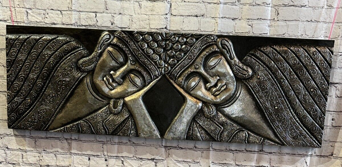 110cm x 40cm Buddha 2 Faces Silver Wooden Wood Panel Wall Art Plaque Handcarved