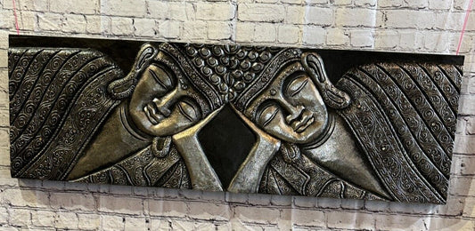 110cm x 40cm Buddha 2 Faces Silver Wooden Wood Panel Wall Art Plaque Handcarved