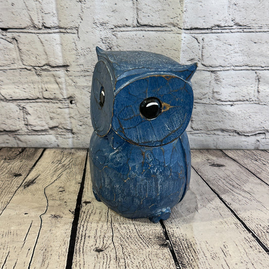 20cm x 15cm Blue Flower Wooden Shabby Owl Statue Ornament Fair Trade Handcarved