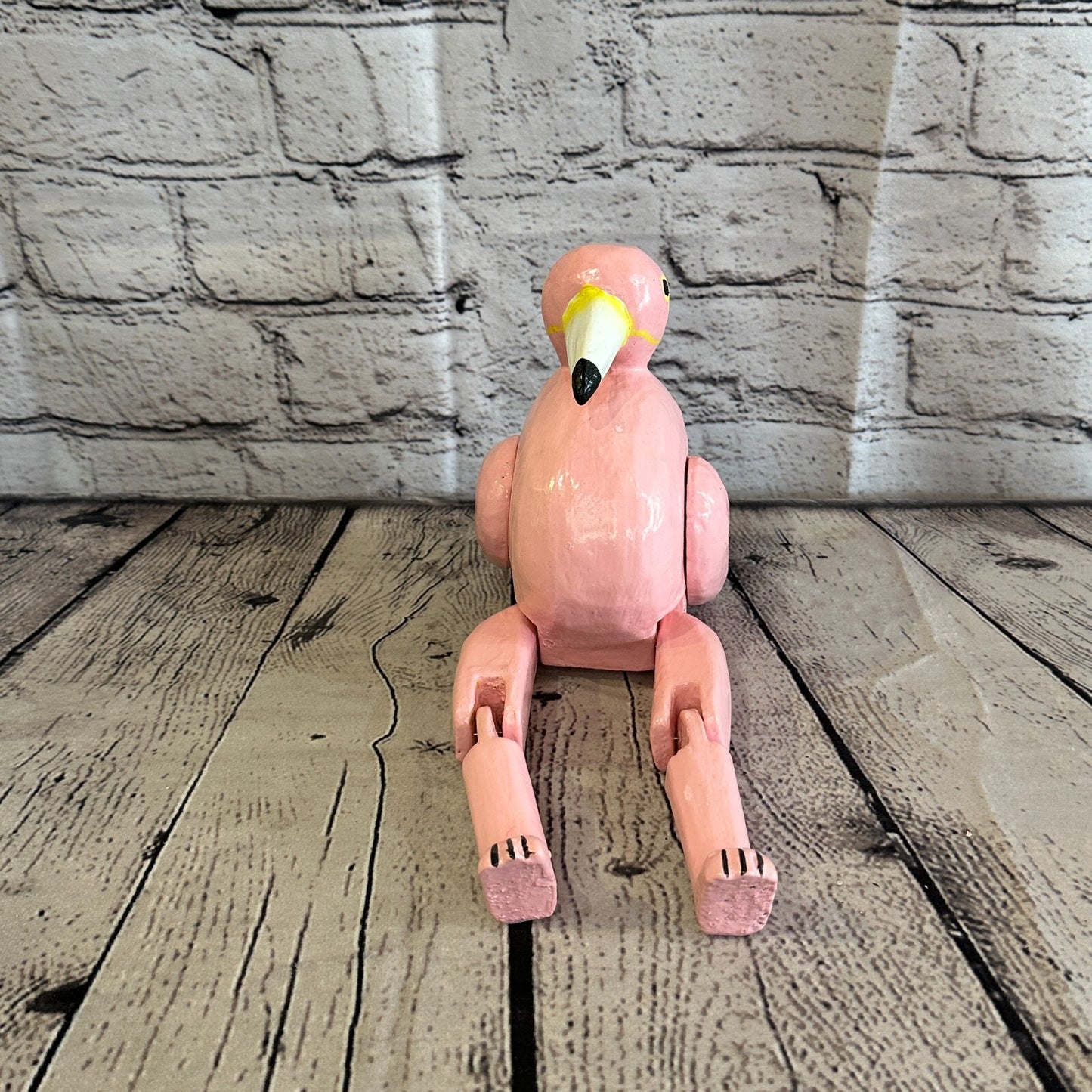 20cm Pink Flamingo Sitting Animal, Wooden Shelf Ornament Handmade & Fairtrade