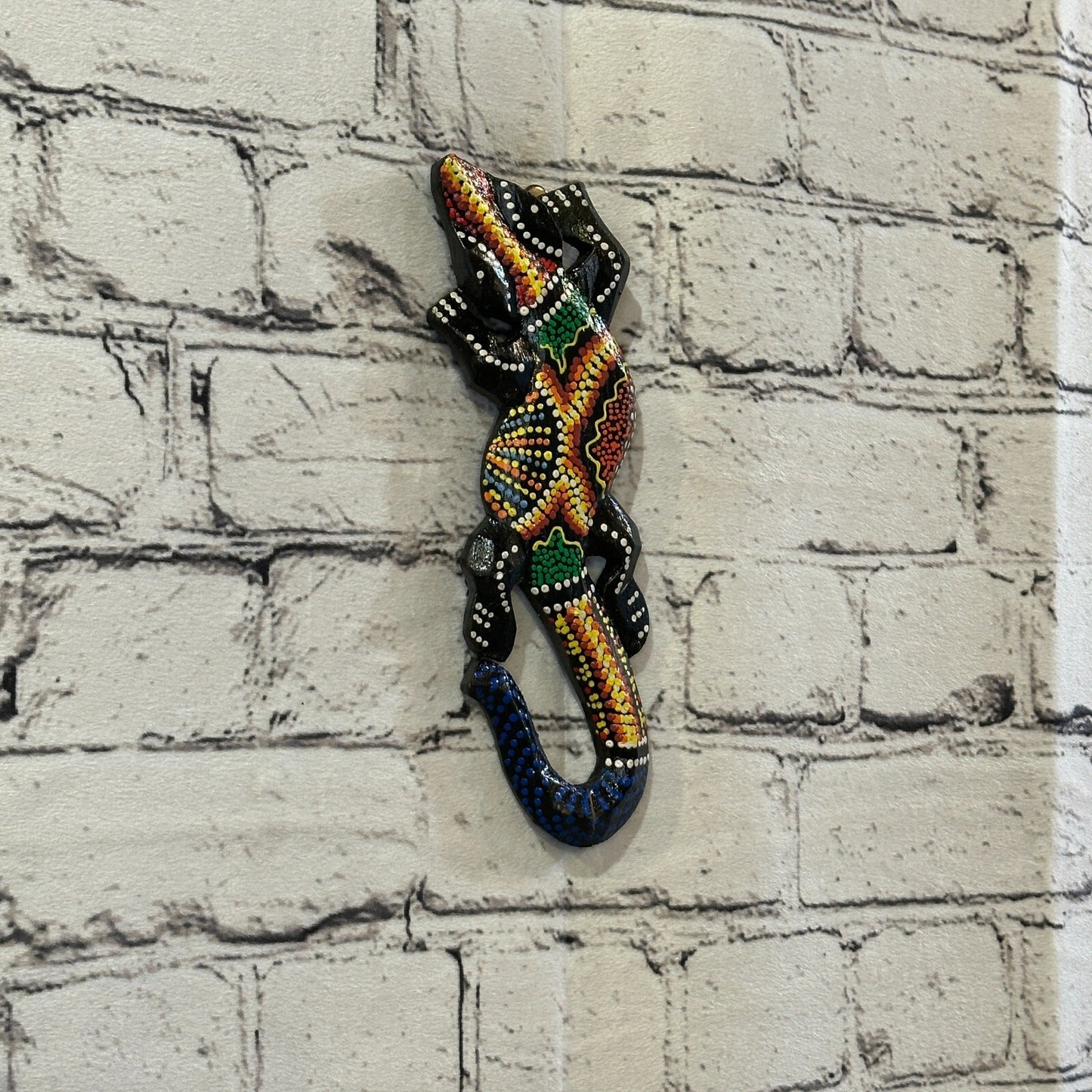 20cm Gecko Carved Wooden Dot Painted Ethnic Tribal Tiki Wall Handmade No 4