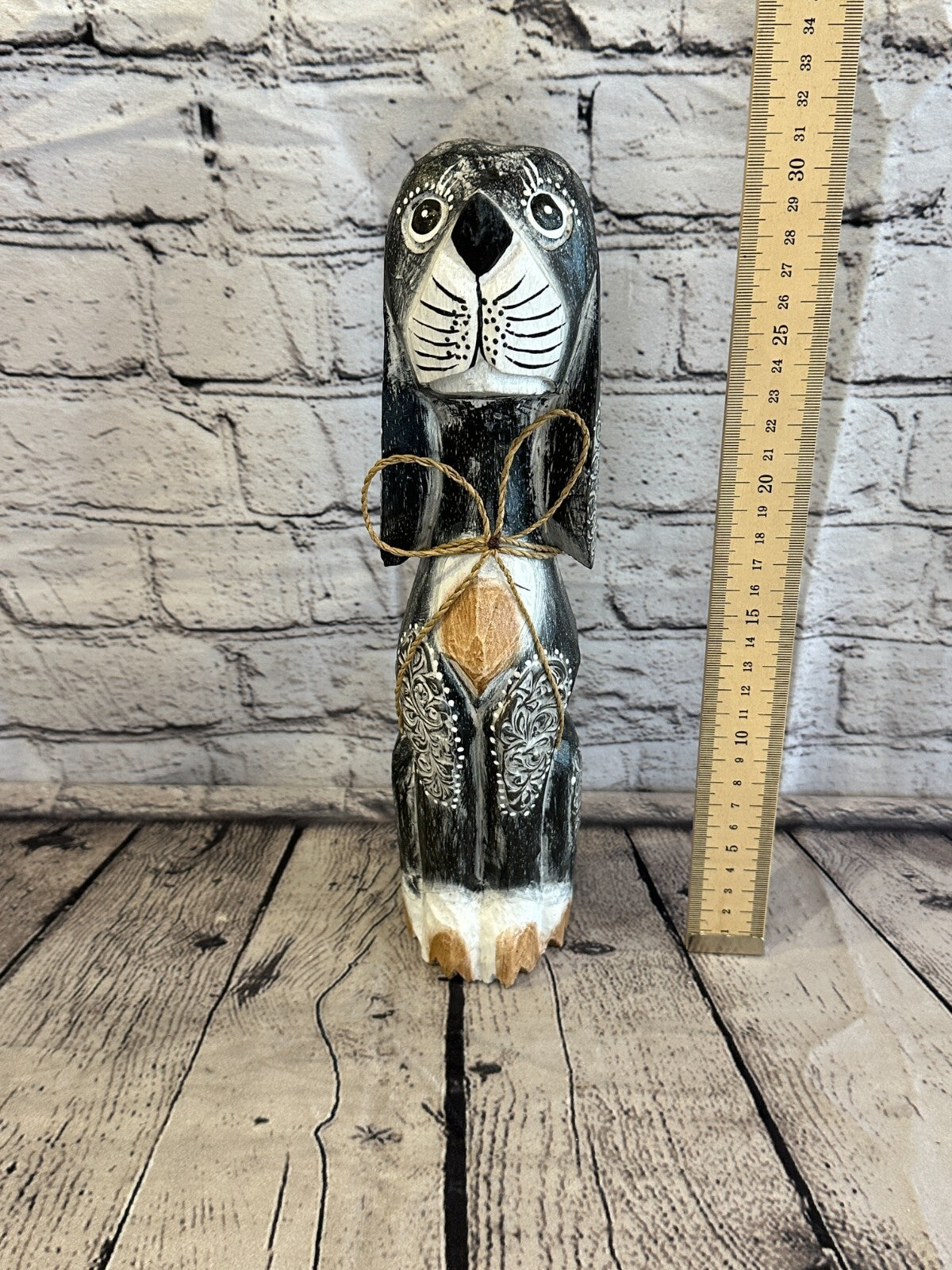 30cm Grey Flower Wooden Shabby Dog Statue Ornament Fair Trade Handcarved