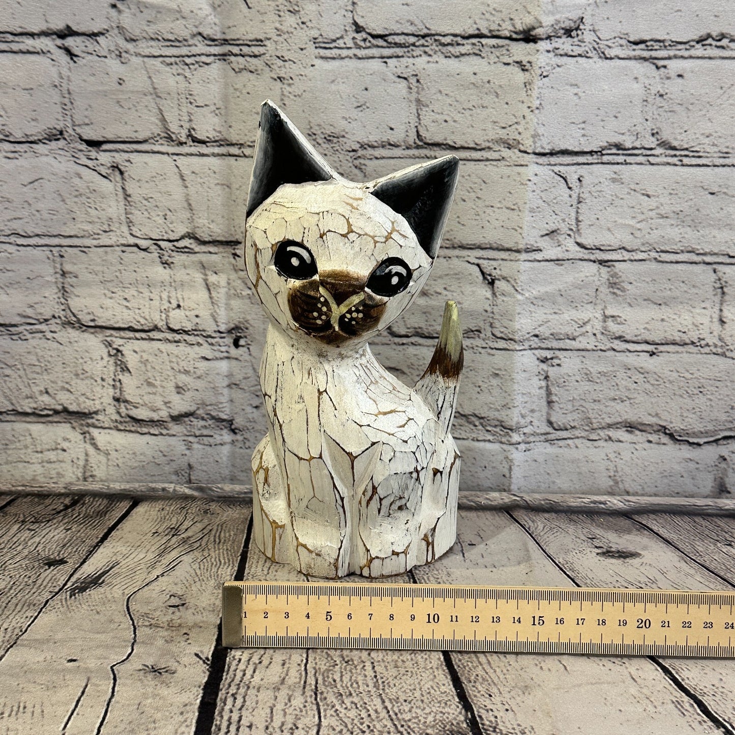 25cm x 10cm White Flower Wooden Shabby Cat Statue Ornament Fair Trade Handcarved