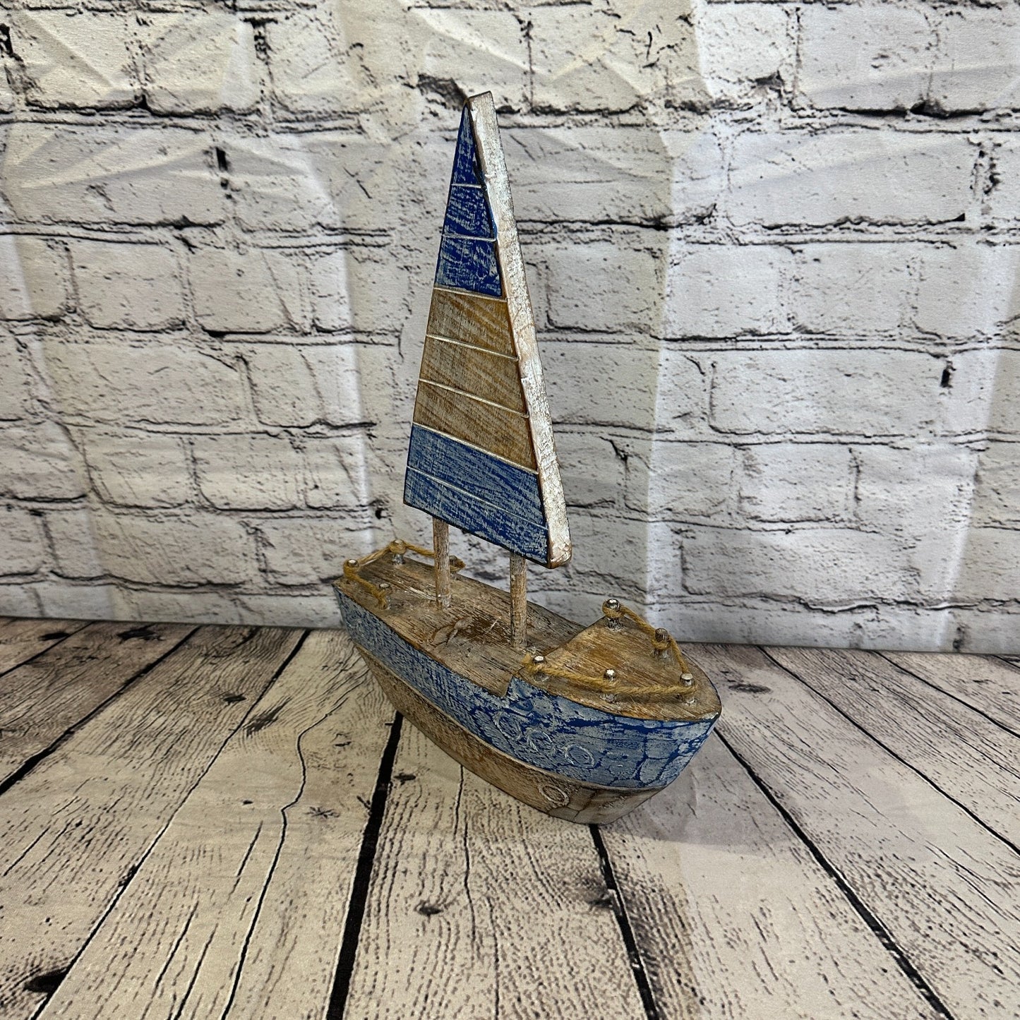 35cm Rustic Wooden Brown & Blue Sailing Boat Nautical Ornament Sculpture Decor