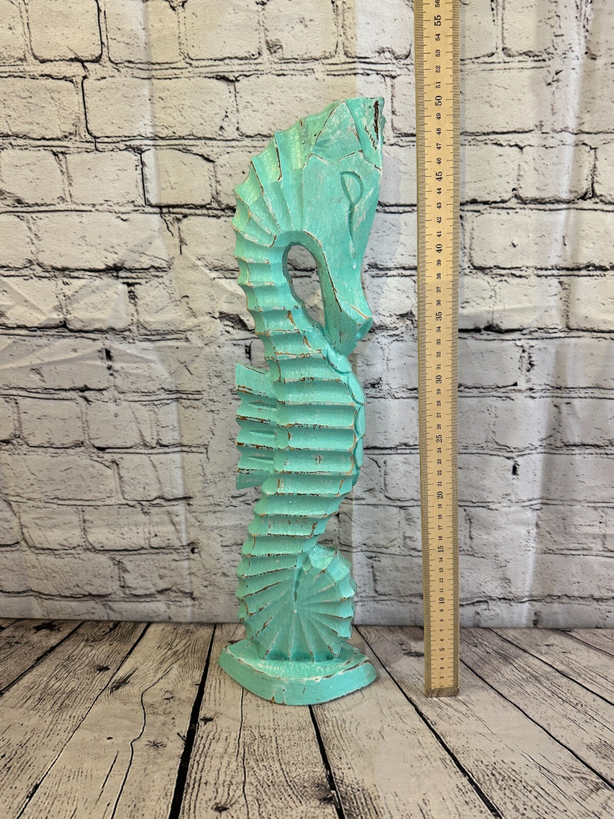 50cm Green Plain Wooden Shabby Seahorse Statue Ornament Fair Trade Handcarved