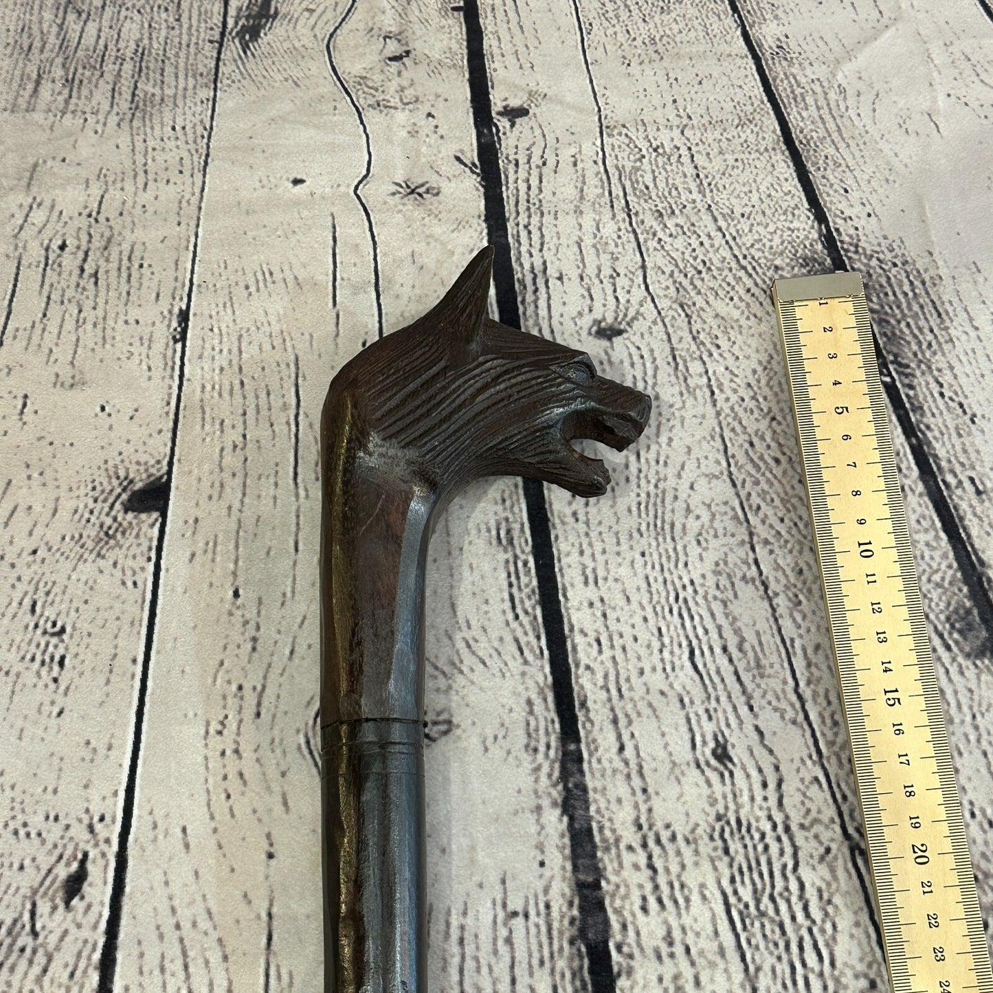 Wolf Head 90cm Tribal African Walking Stick Cane Hand Carved Dark Wood