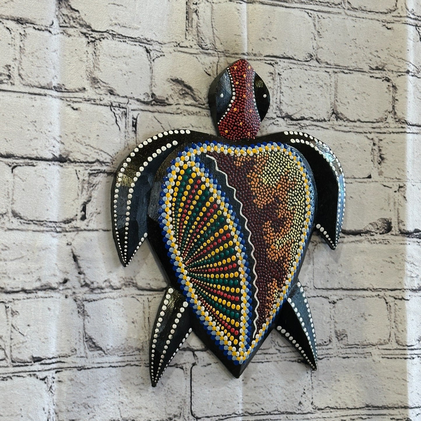 30cm Turtle Carved Wooden Dot Painted Ethnic Tribal Tiki Wall Art Handmade No 1